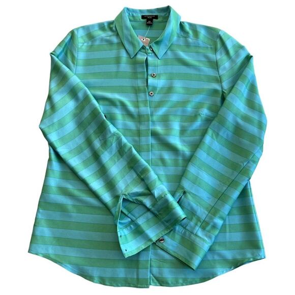 Ann Taylor Womens Teal Striped Button Front Shirt Blouse Size 4P Classiccore - Picture 10 of 10